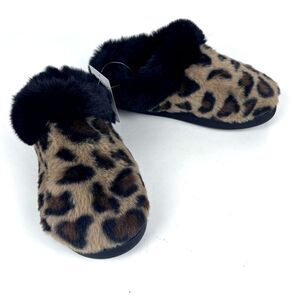 Cuddl Duds Womens Clog Slippers SZ 5-6 Puff Faux Fur Black Natural Leopard print